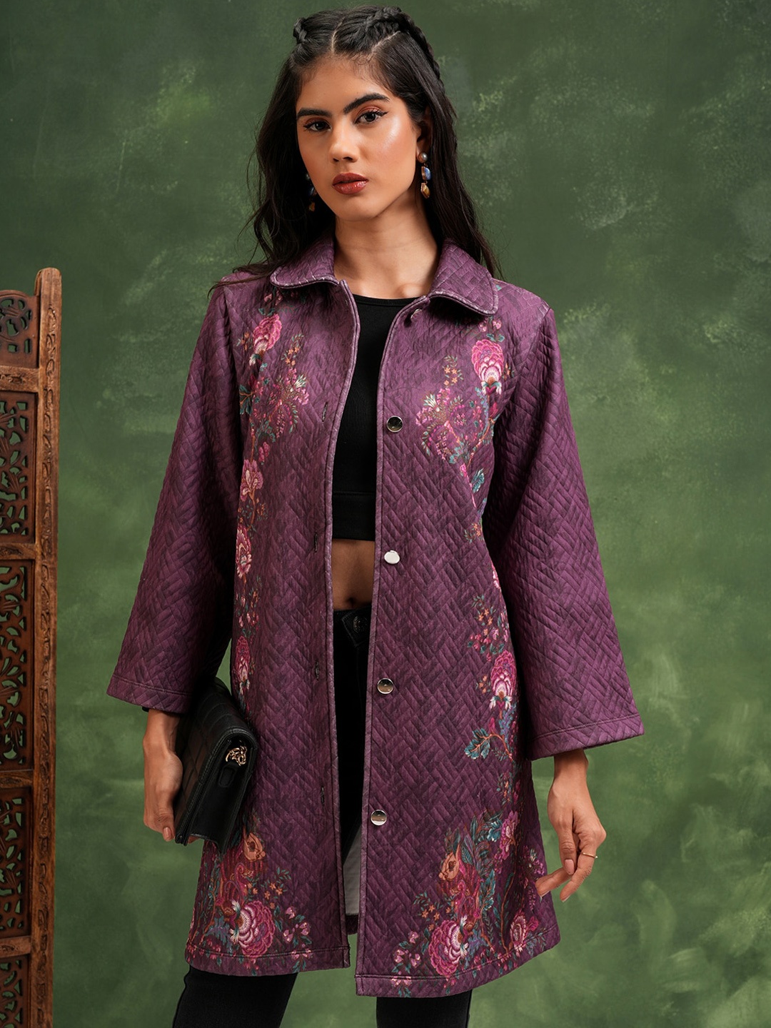 

Vishudh Floral Printed Spread Collar Longline Quilted Jacket, Purple