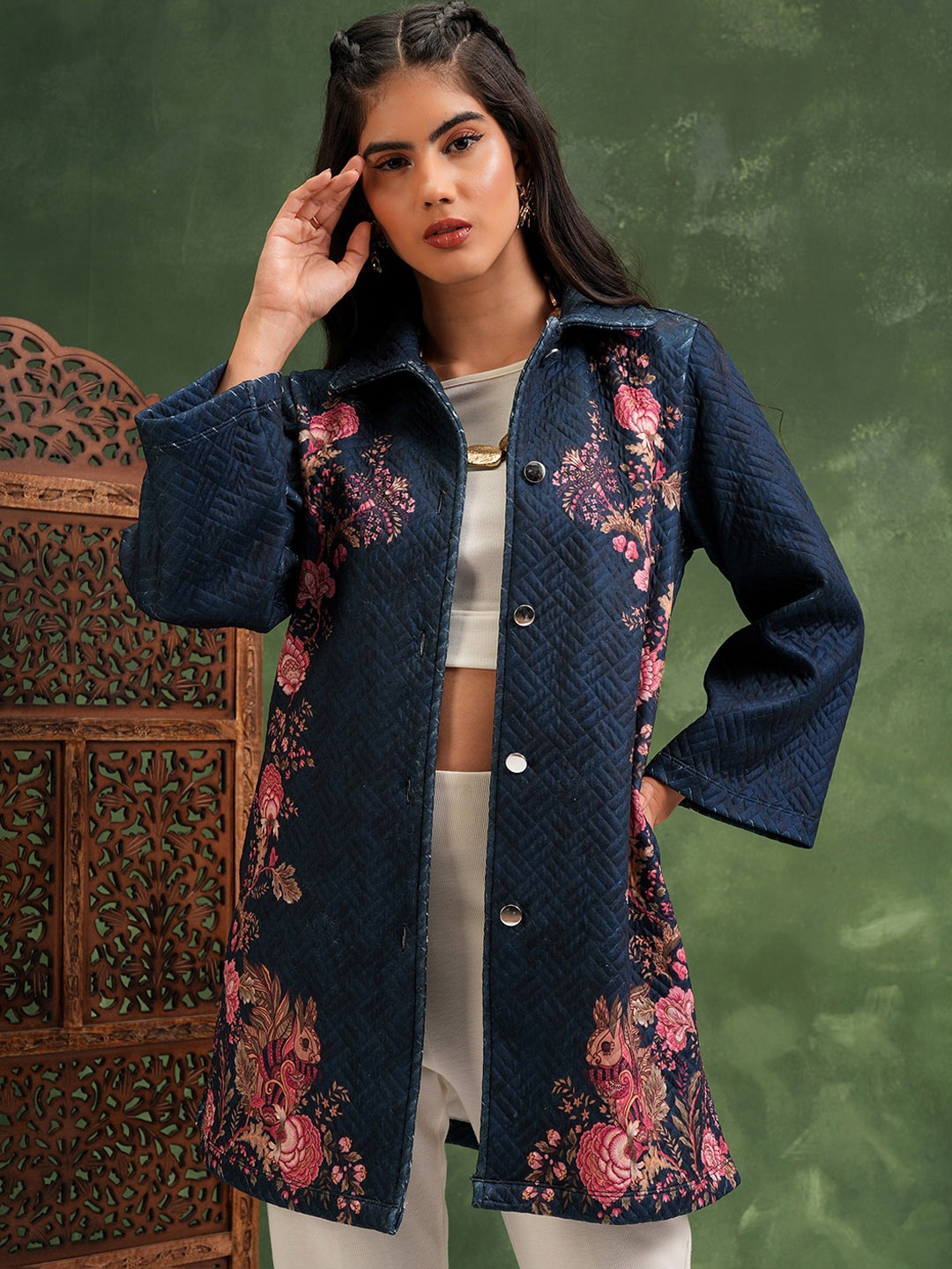 

Vishudh Floral Printed Spread Collar Longline Quilted Jacket, Navy blue