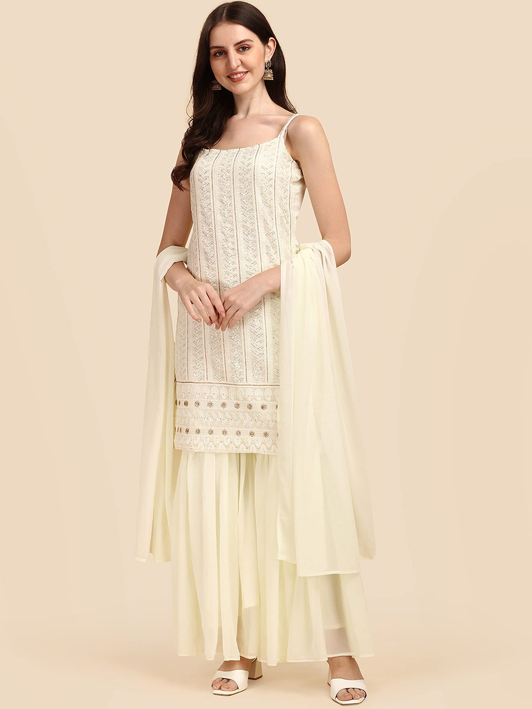 

KALINI Floral Embroidered Shoulder Straps Sequinned Georgette Kurta with Sharara & Dupatta, Off white