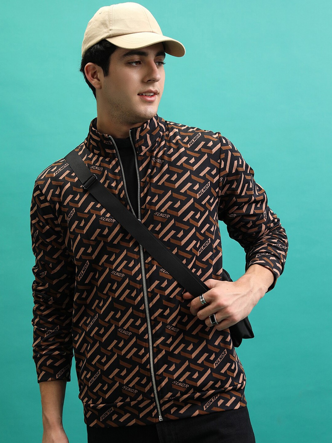 

HIGHLANDER Abstract Printed Mock Collar Front-Open Sweatshirt, Brown