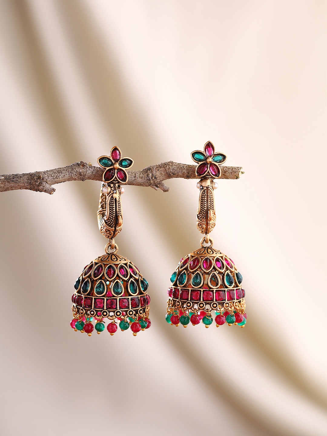 

Priyaasi Gold-Plated Faux Ruby Studded Beads Beaded Floral Jhumkas