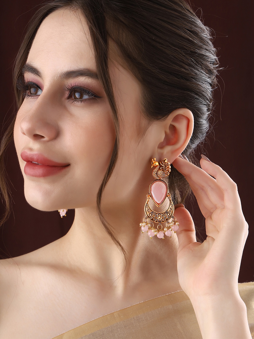

Priyaasi Gold-Plated Stones Studded Beads Beaded Peacock Shaped Drop Earrings