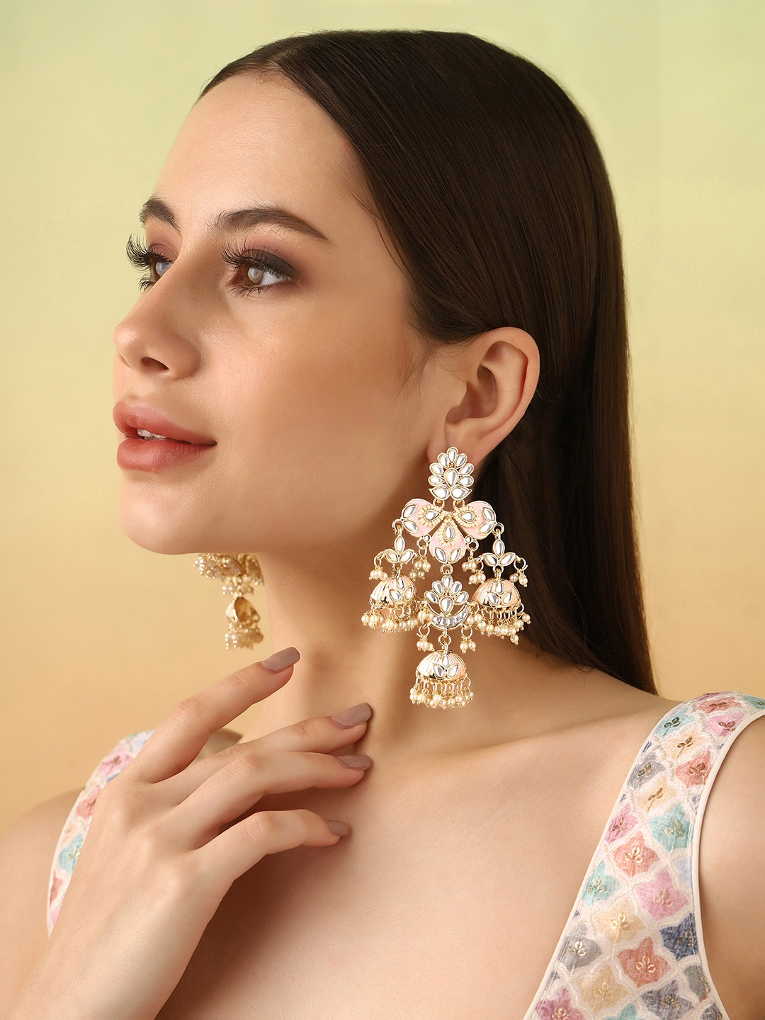 

Priyaasi Gold-Plated Kundan Studded Contemporary Jhumkas Earrings, Pink
