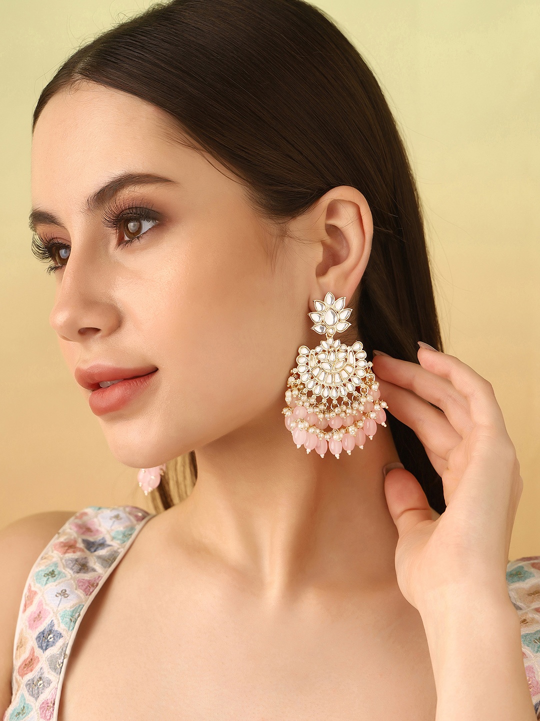 

Priyaasi Gold-Plated Kundan Studded Beads Beaded Crescent Shaped Chandbalis