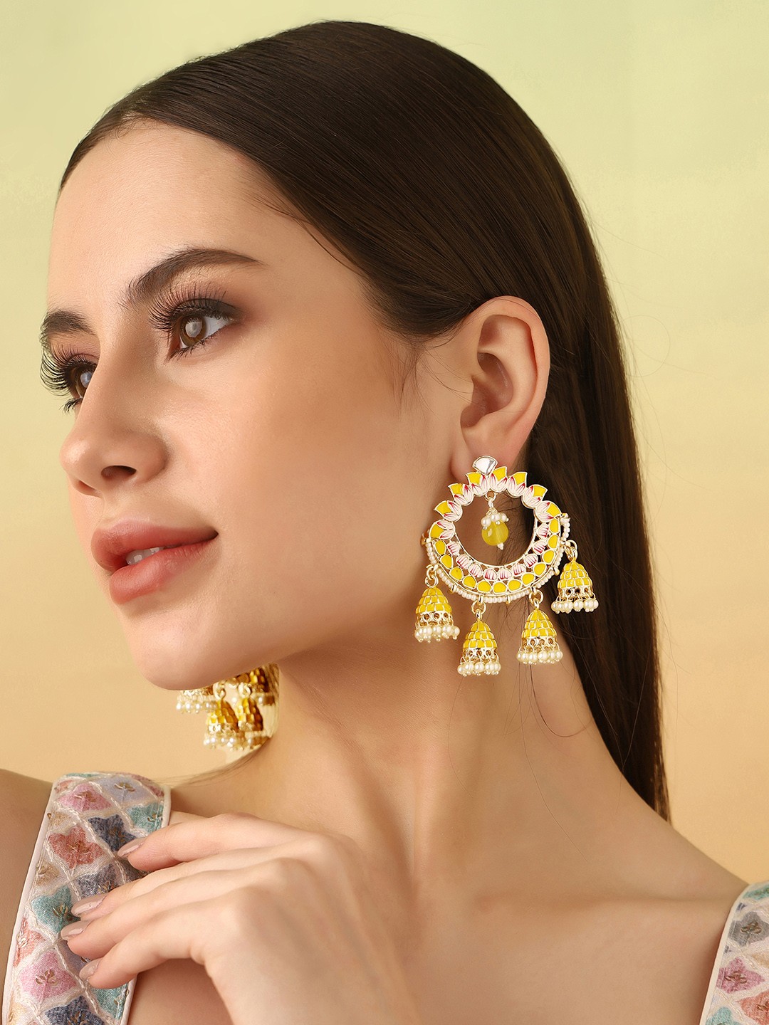 

Priyaasi Gold-Plated Beads Beaded Enamelled Lotus Shaped Chandbalis