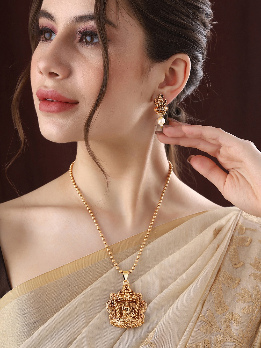 

Priyaasi Gold Plated Beads Beaded Temple Necklace With Earrings