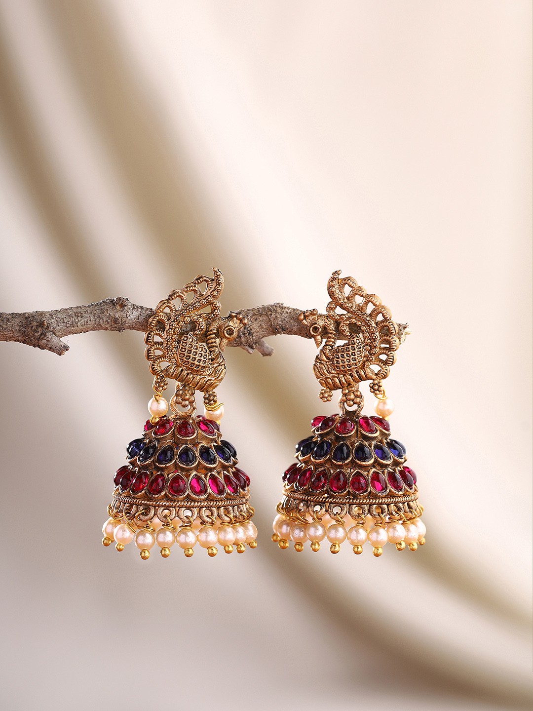 

Priyaasi Gold-Plated Stones Studded Beads Beaded Peacock Shaped Jhumkas