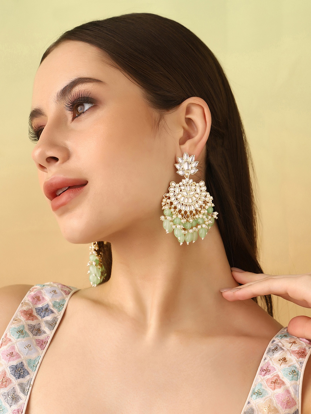 

Priyaasi Gold-Plated Kundan Studded Beads Beaded Crescent Shaped Chandbalis