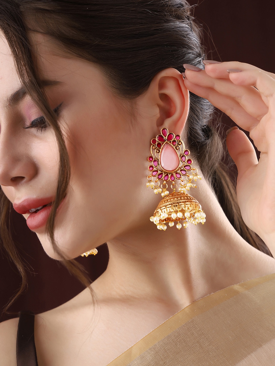 

Priyaasi Gold-Plated Stones Studded Beads Beaded Dome Shaped Jhumkas