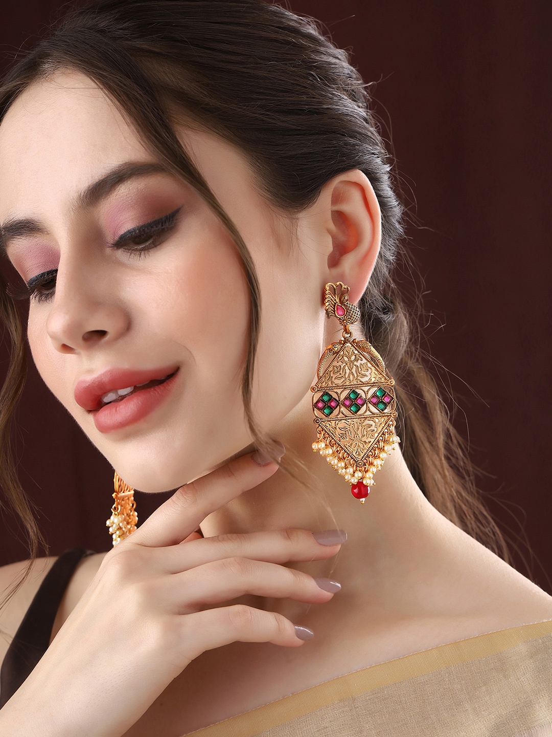 

Priyaasi Gold-Plated Stones Studded & Beaded Peacock Drop Earrings