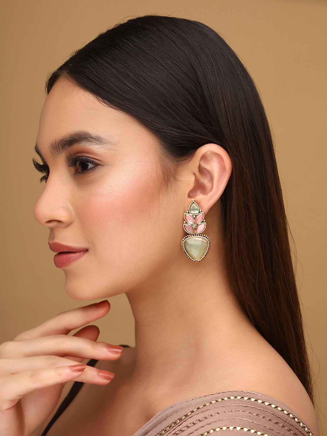 

Priyaasi Gold-Plated Stones Studded Leaf Shaped Drop Earrings