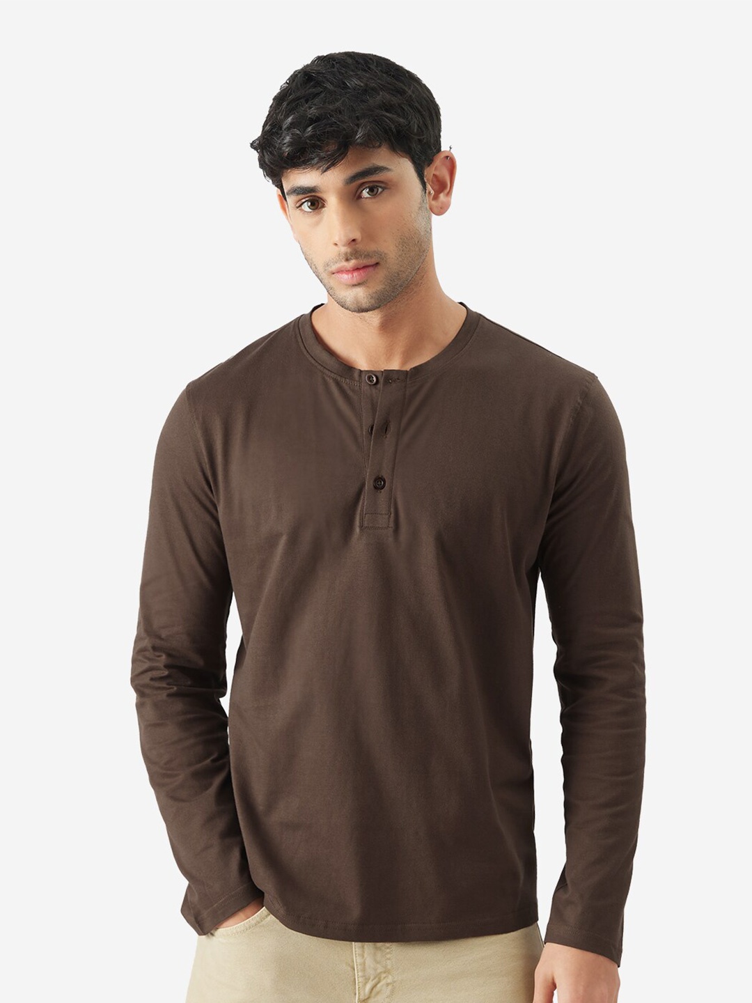 

The Souled Store Coffee Brown Henley Neck Pure Cotton T-shirt