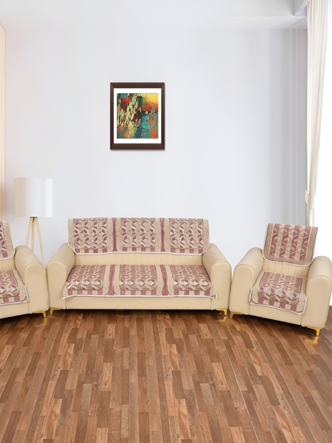 

MULTITEX Pink & Cream Self Design Velvet Sofa Cover