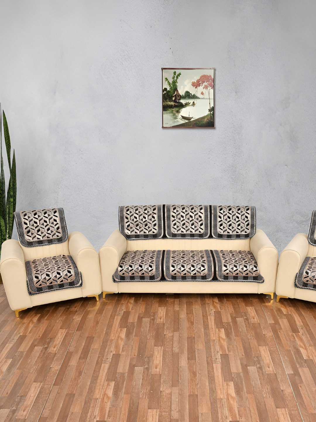 

MULTITEX Grey & Black Self Design Velvet Sofa Cover