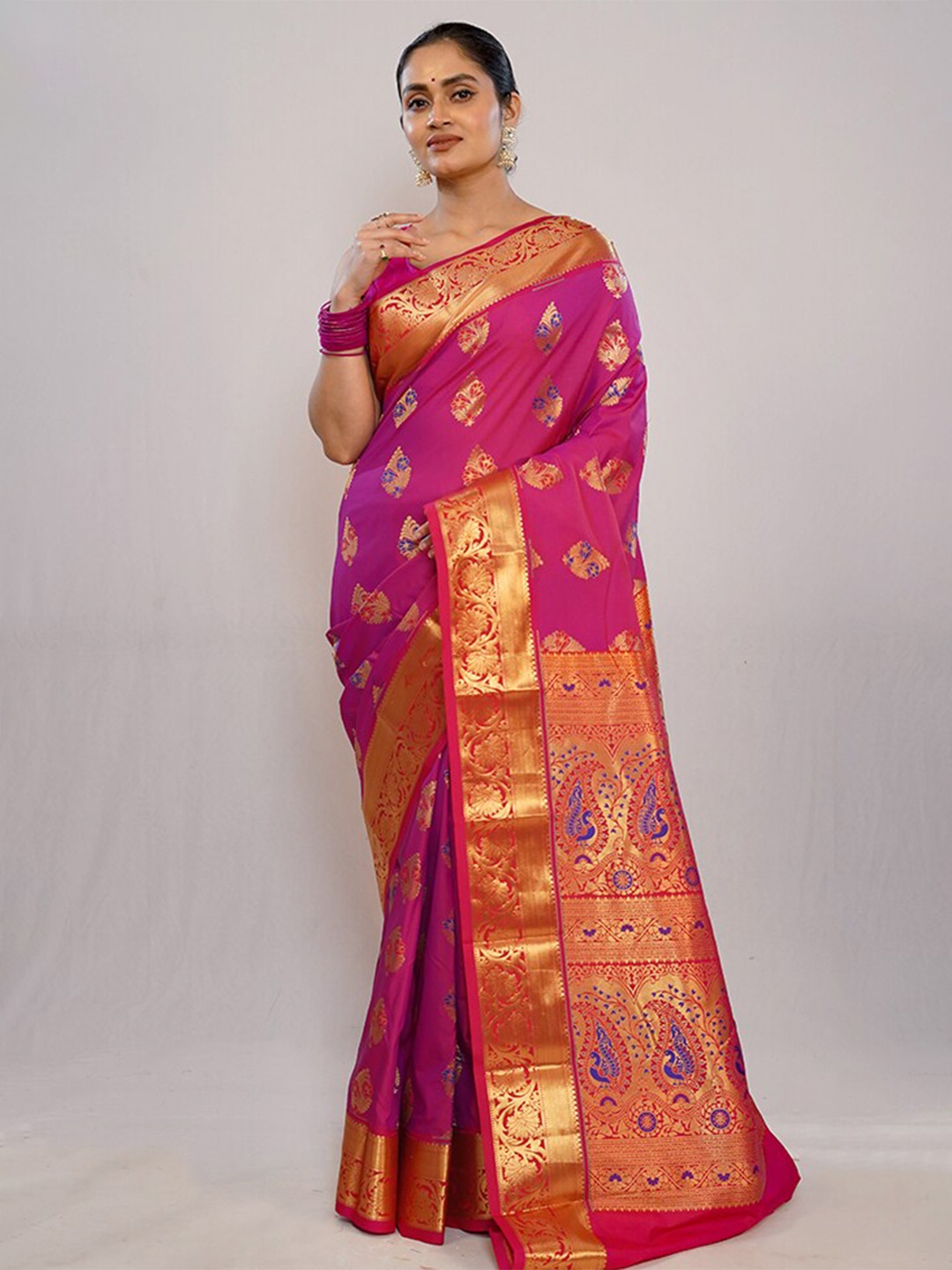 

AllSilks Ethnic Motifs Zari Detailed Pure Silk Kanjeevaram Saree, Purple