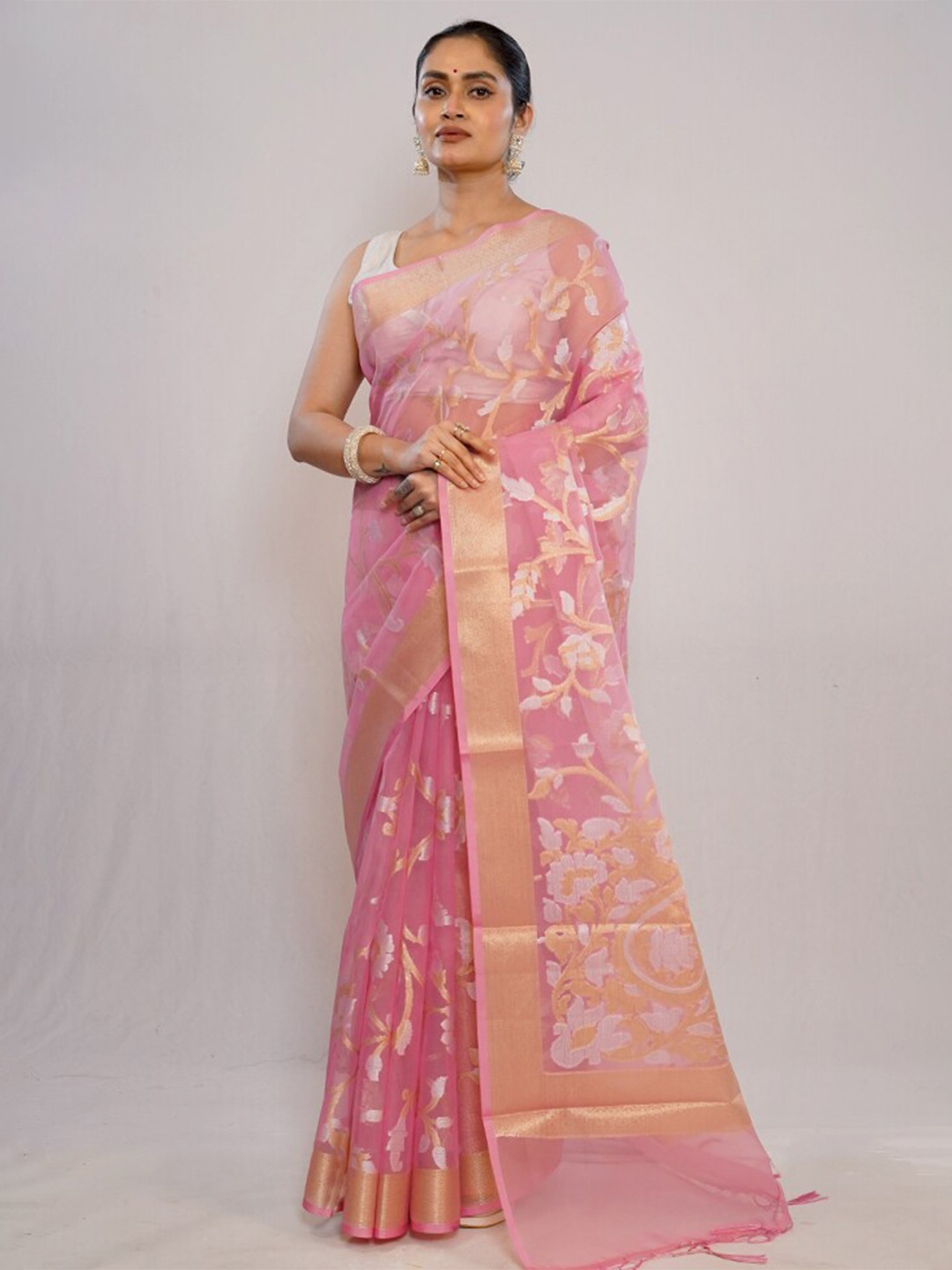 

AllSilks Ethnic Motifs Woven Design Zari Organza Banarasi Saree, Pink