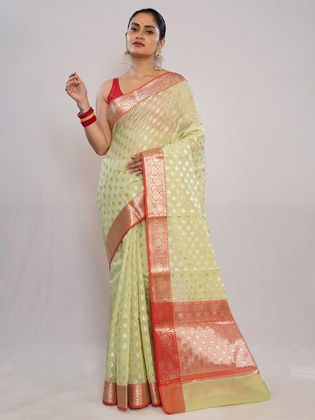

AllSilks Ethnic Motifs Woven Design Zari Pure Silk Banarasi Saree, Green
