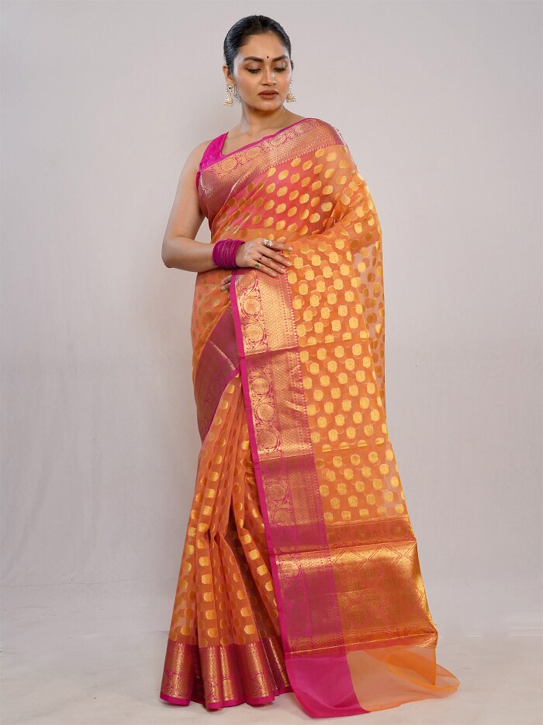 

AllSilks Ethnic Motifs Woven Design Zari Organza Banarasi Saree, Peach
