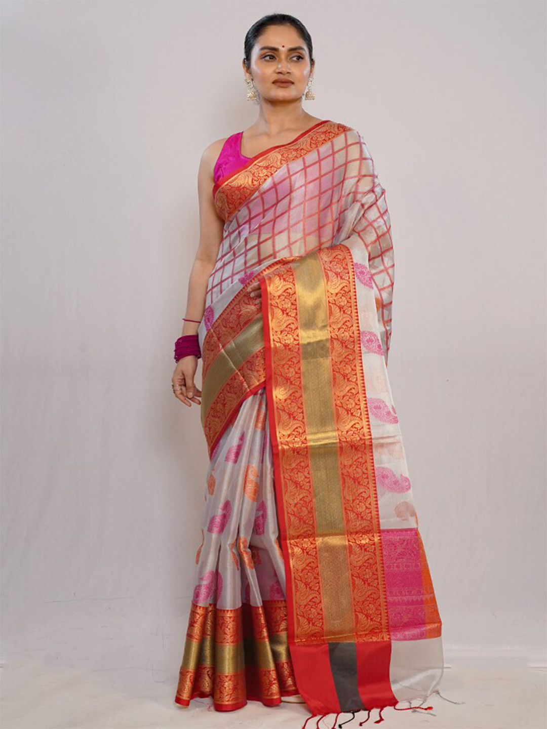 

AllSilks Checked Zari Detailed Pure Silk Saree, Cream