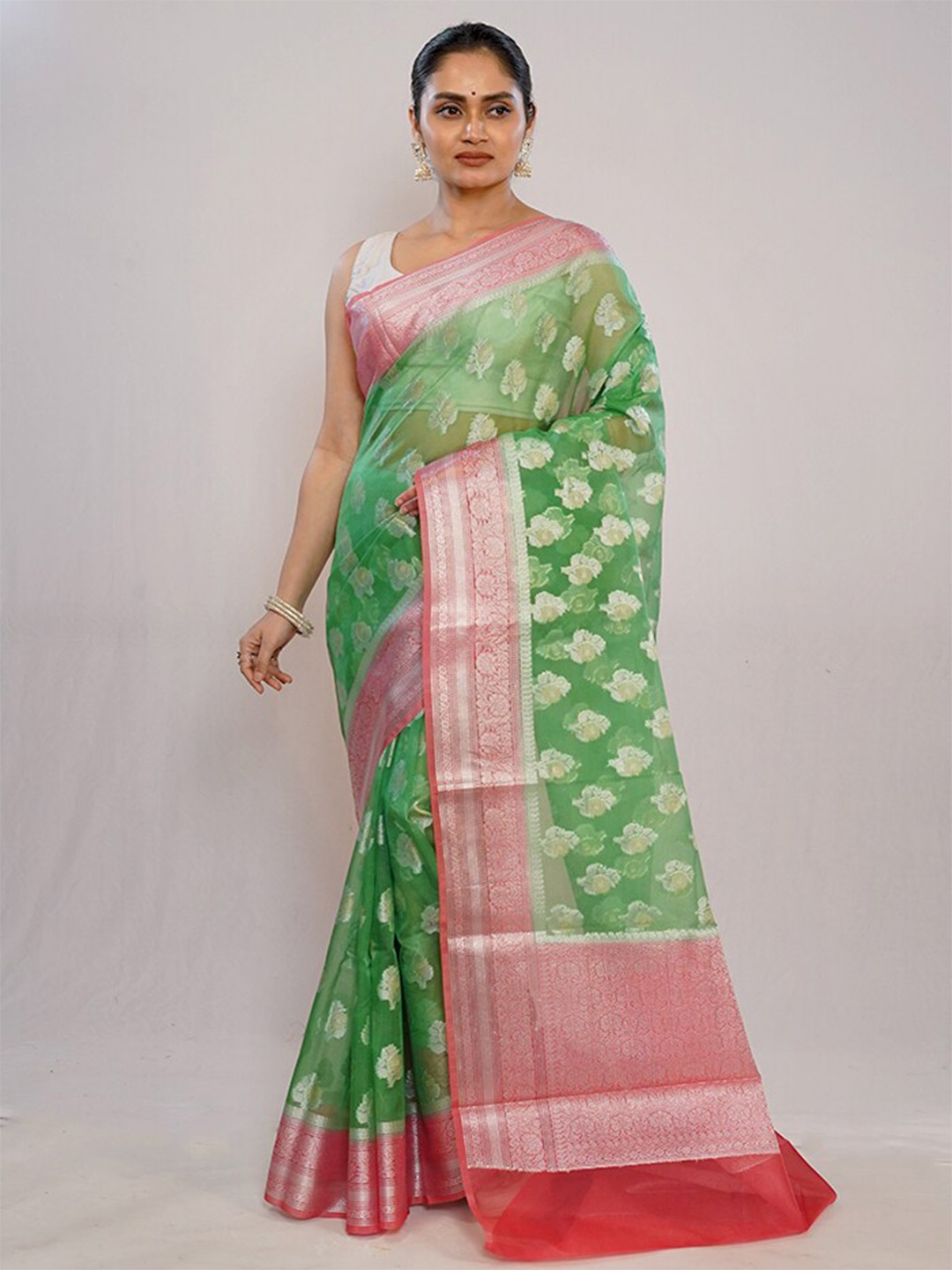 

AllSilks Ethnic Motifs Woven Design Zari Organza Saree, Green