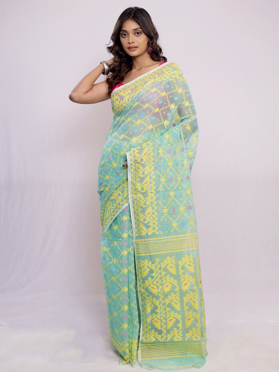 

AllSilks Floral Printed Pure Cotton Tussar Saree, Green