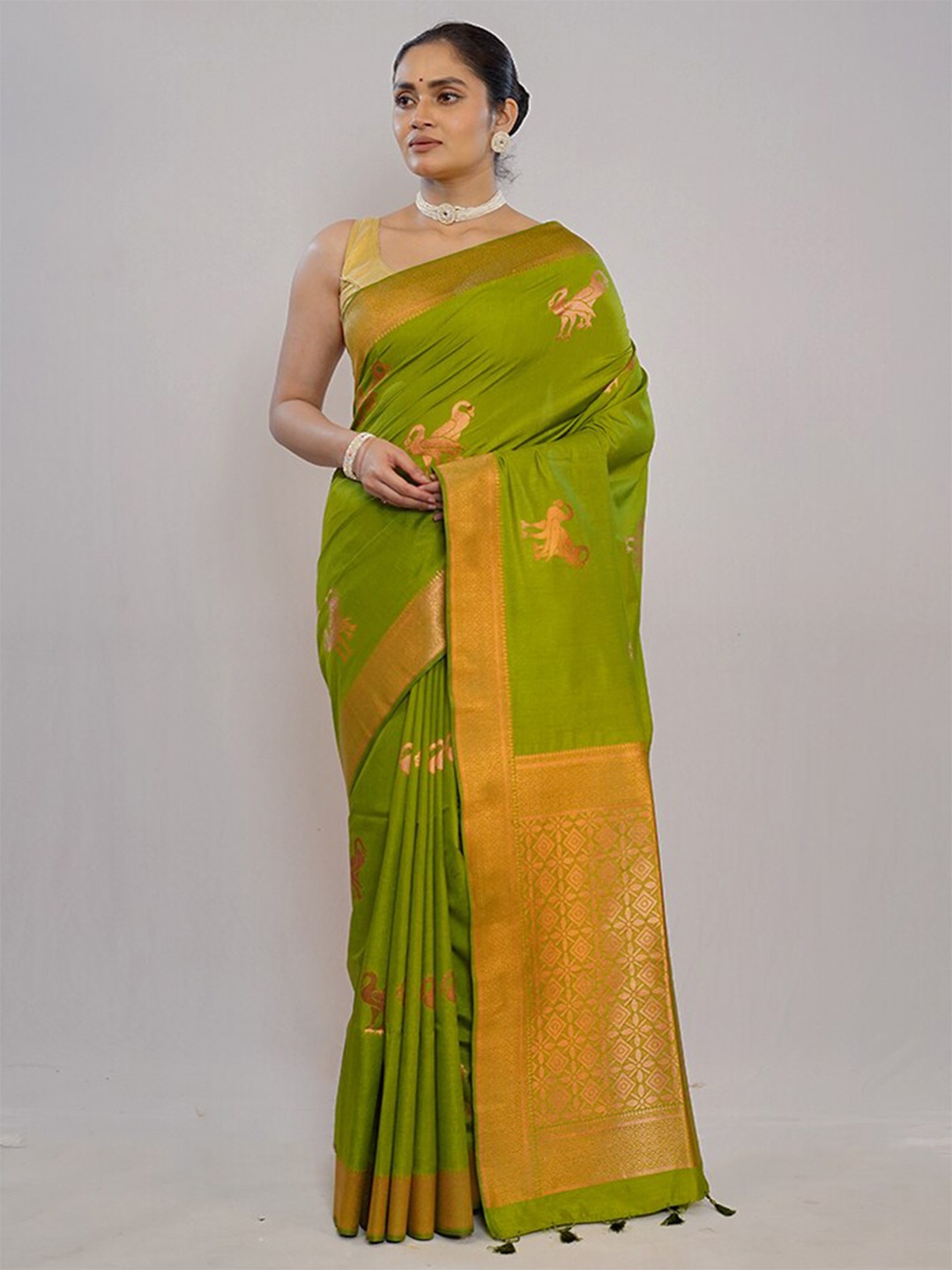 

AllSilks Ethnic Motifs Woven Design Zari Detailed Pure Silk Saree, Green
