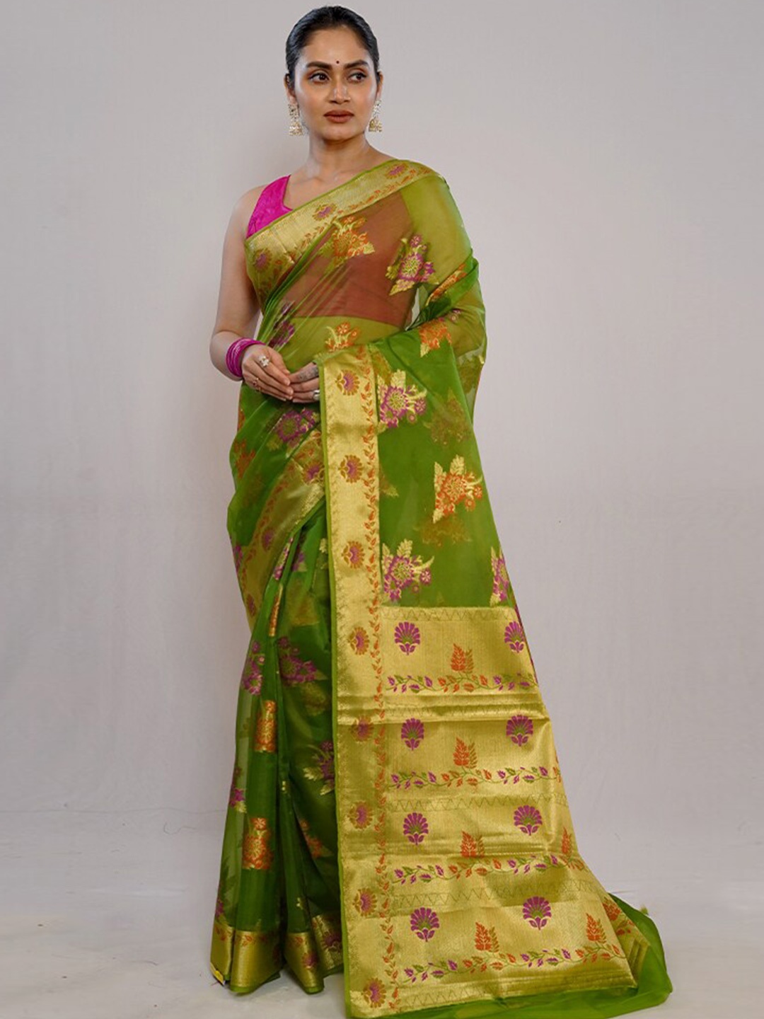 

AllSilks Ethnic Motifs Woven Design Zari Organza Saree, Green