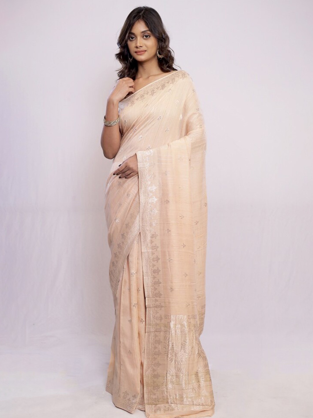 

AllSilks Ethnic Motifs Woven Design Zari Pure Murshidabad Silk Saree, Cream