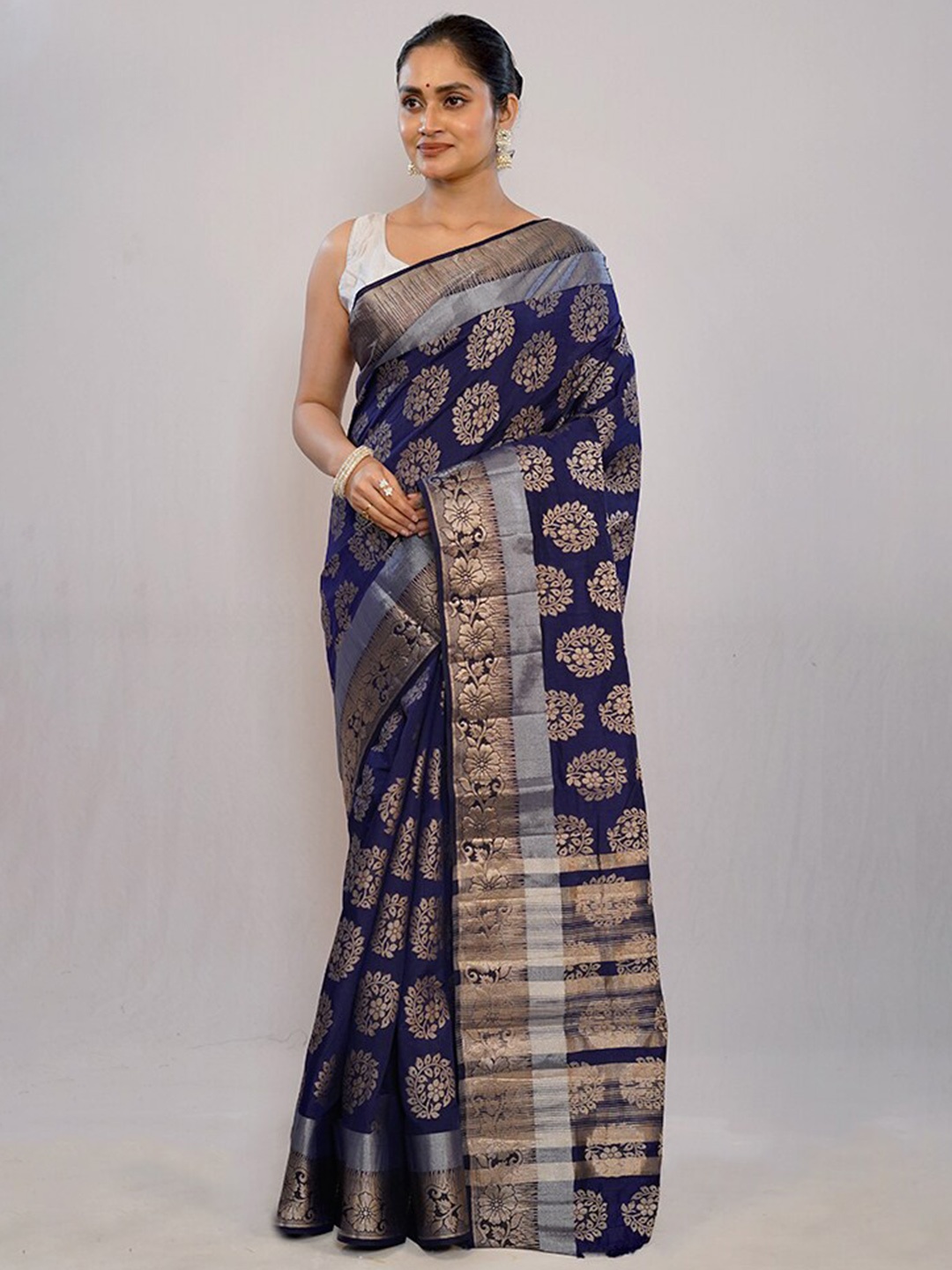 

AllSilks Ethnic Motifs Woven Design Zari Detailed Pure Silk Saree, Navy blue