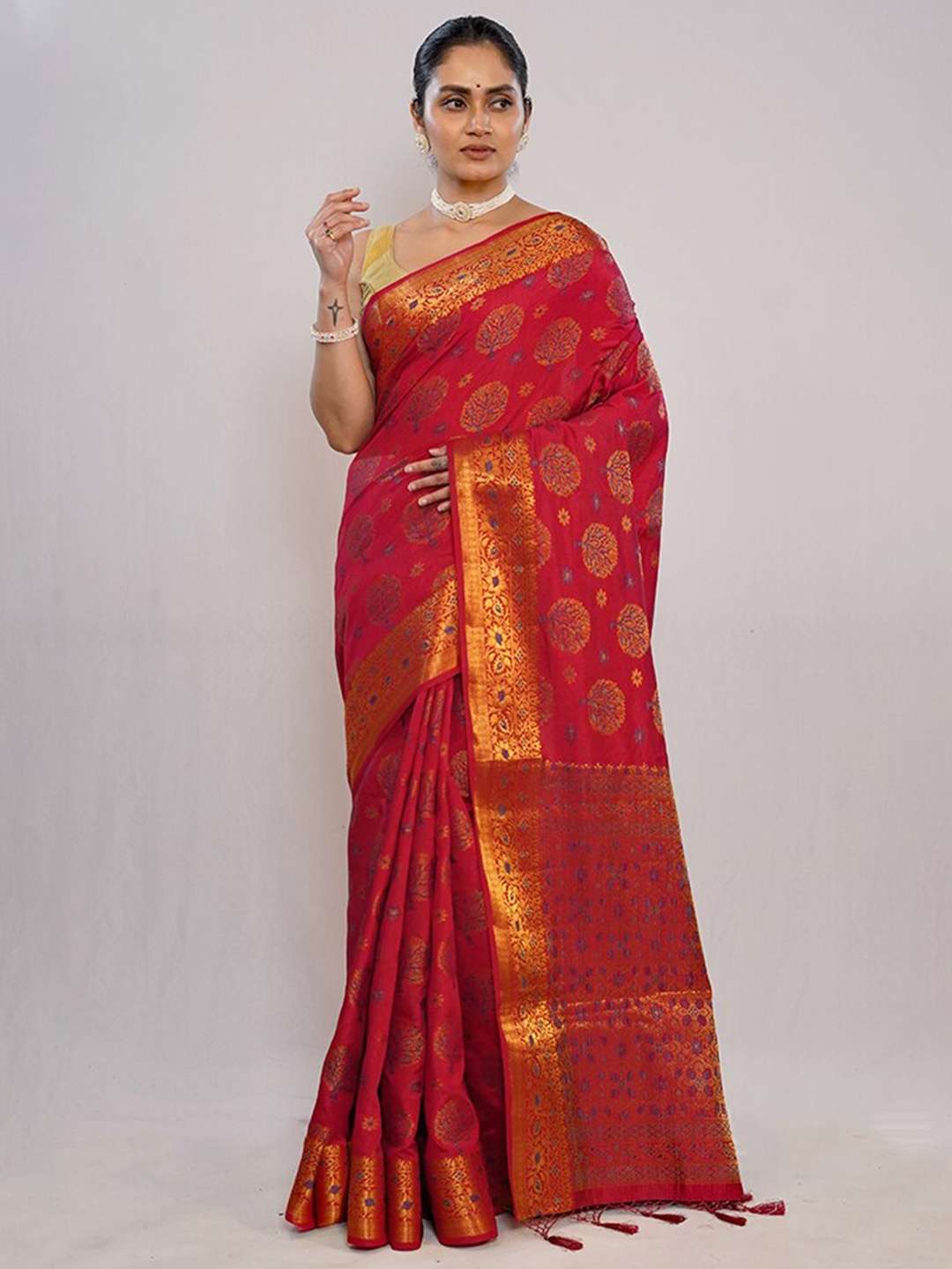 

AllSilks Ethnic Motifs Woven Design Pure Cotton Banarasi Zari Saree, Red