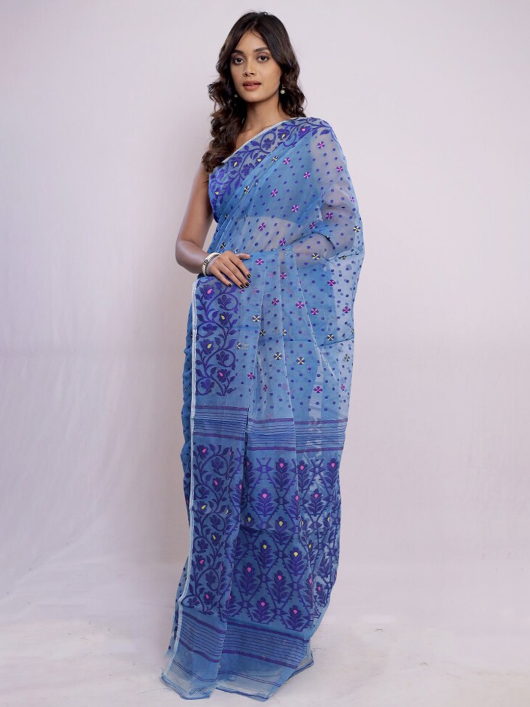 

AllSilks Polka Dot Embroidered Pure Cotton Ikat Saree, Blue