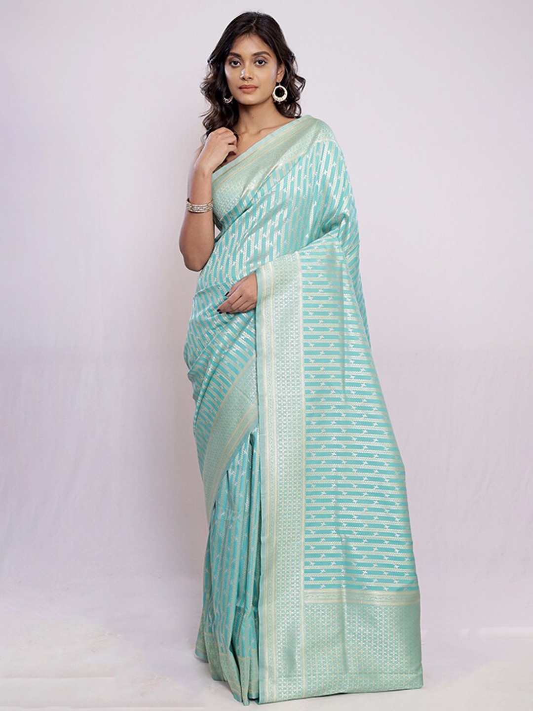 

AllSilks Striped Pure Silk Murshidabad Silk Saree, Green