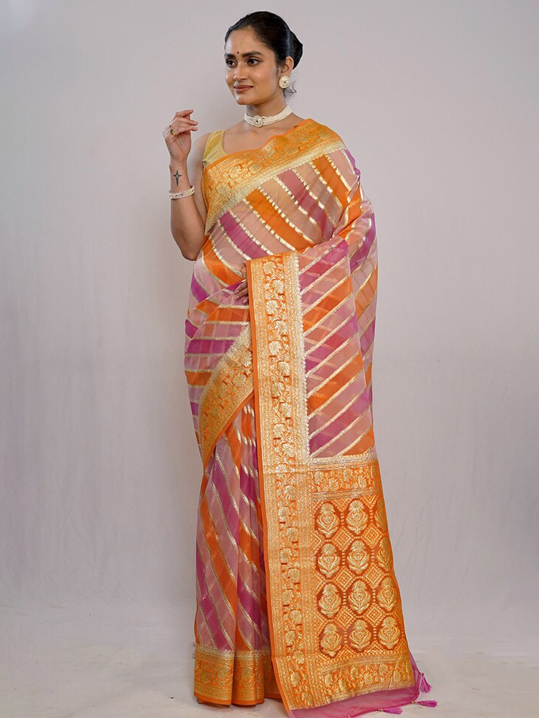 

AllSilks Woven Design Floral Zari Organza Banarasi Saree, Pink