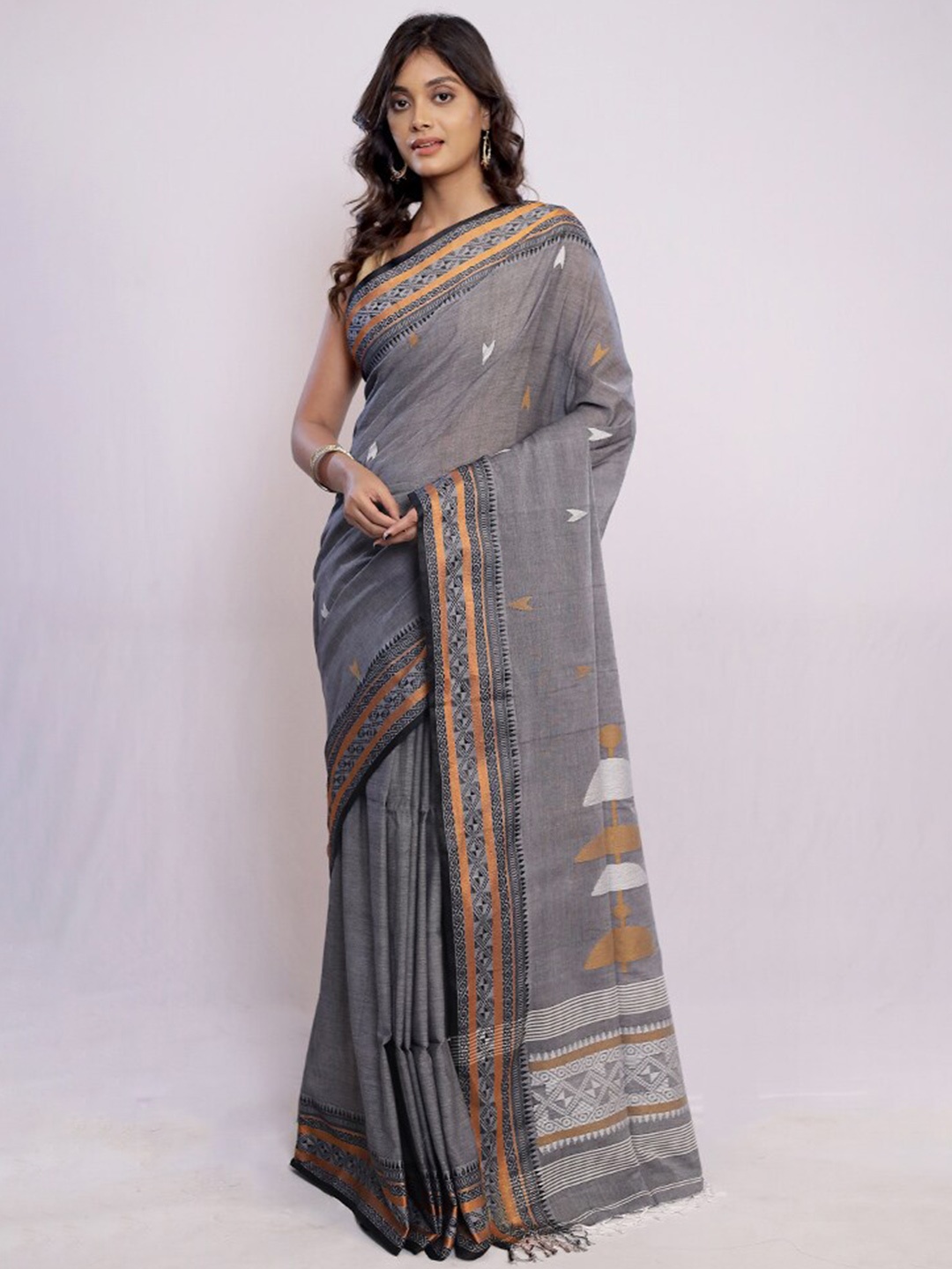 

AllSilks Ethnic Motifs Woven Design Zari Pure Silk Murshidabad silk Saree, Grey