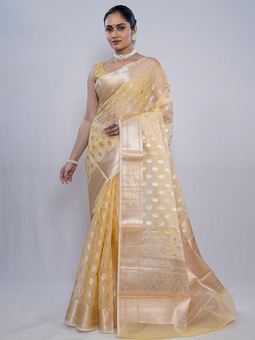 

AllSilks Ethnic Motifs Woven Design Zari Organza Saree, Yellow