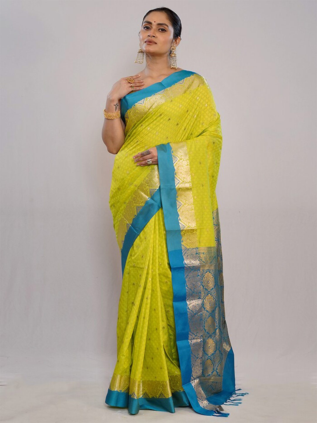 

AllSilks Ethnic Motifs Woven Design Zari Pure Silk Banarasi Saree, Green