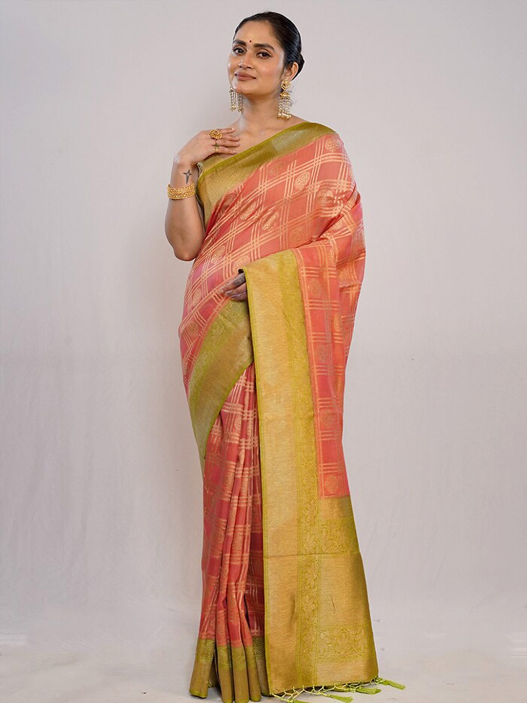 

AllSilks Ethnic Motifs Woven Design Zari Pure Silk Banarasi Saree, Pink