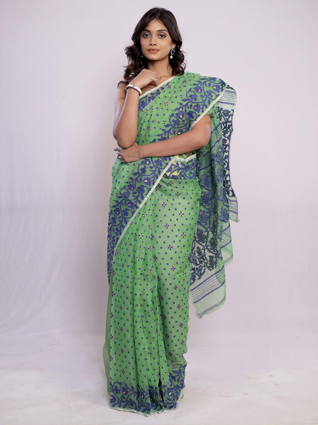 

AllSilks Ethnic Motifs Woven Design Zari Detailed Pure Cotton Taant Saree, Green