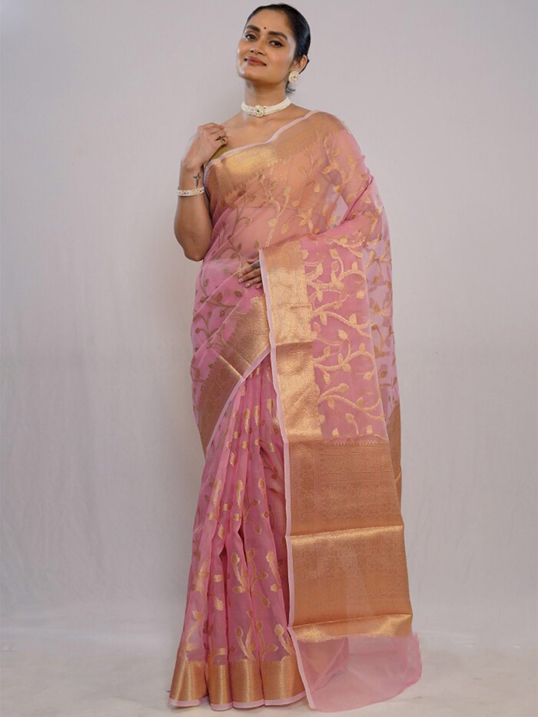 

AllSilks Ethnic Motifs Woven Design Organza Banarasi Zari Saree, Pink