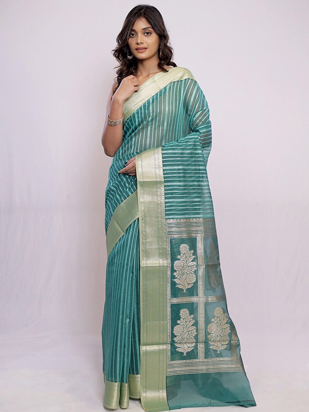 

AllSilks Ethnic Motifs Woven Design Zari Pure Cotton Murshidabad silk Saree, Green