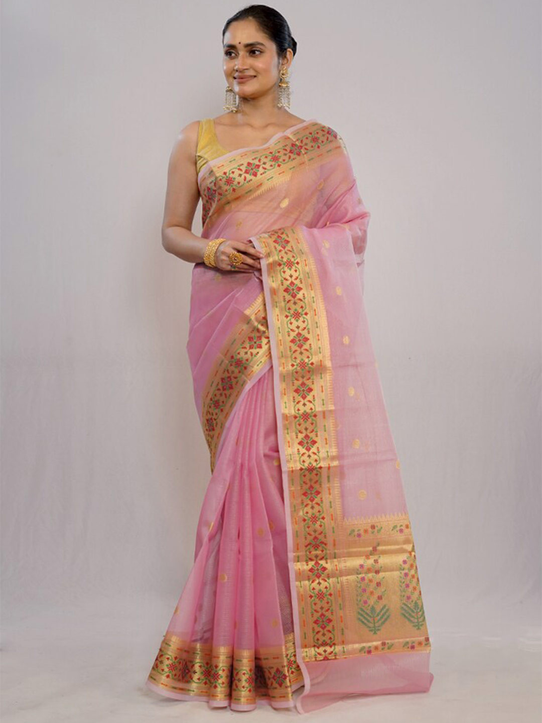 

AllSilks Ethnic Motifs Woven Design Zari Pure Cotton Saree, Pink