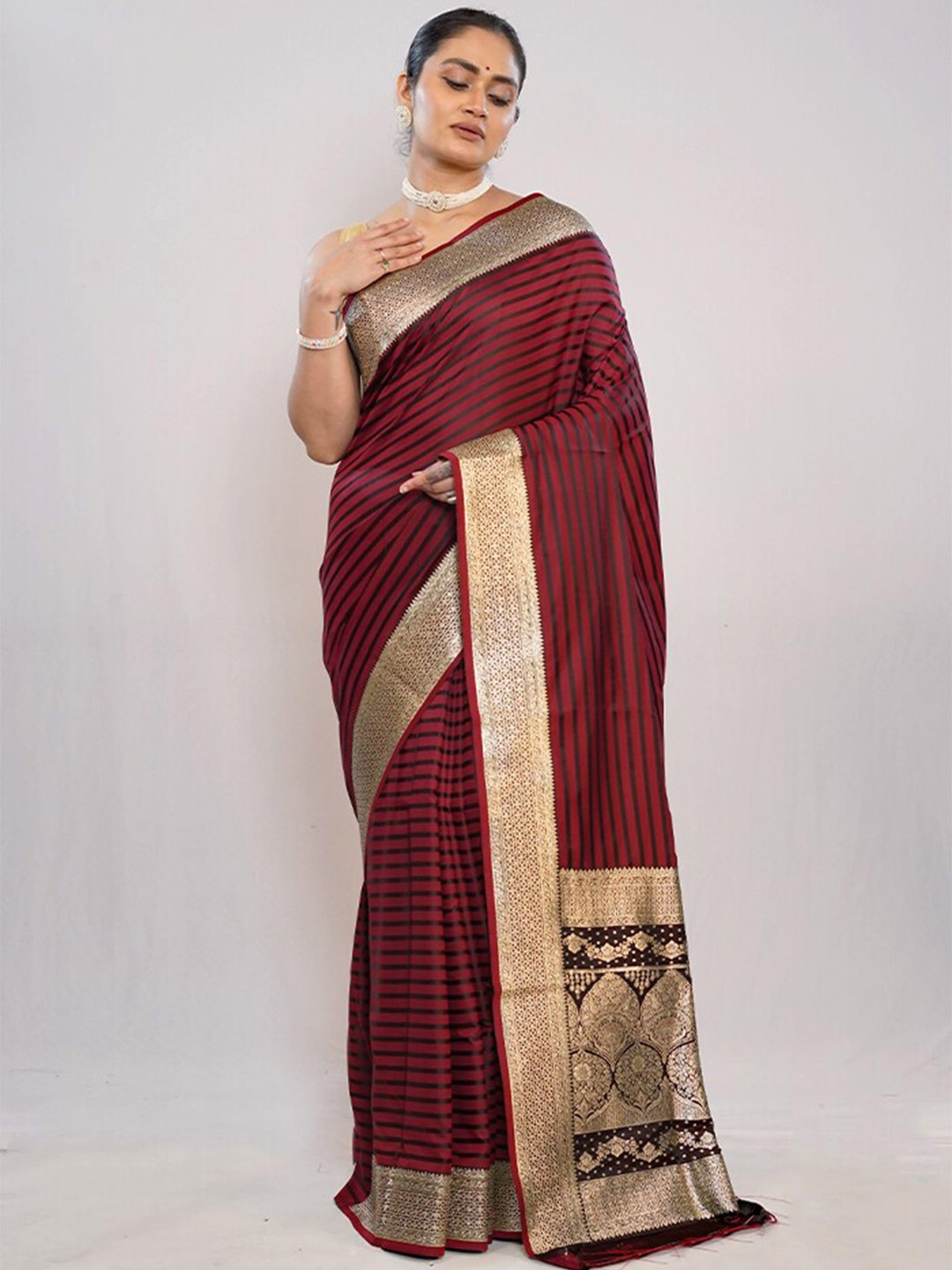 

AllSilks Striped Woven Design Zari Pure Silk Saree, Maroon