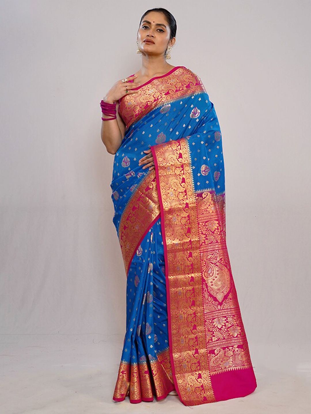 

AllSilks Ethnic Motifs Zari Detailed Pure Silk Kanjeevaram Saree, Blue