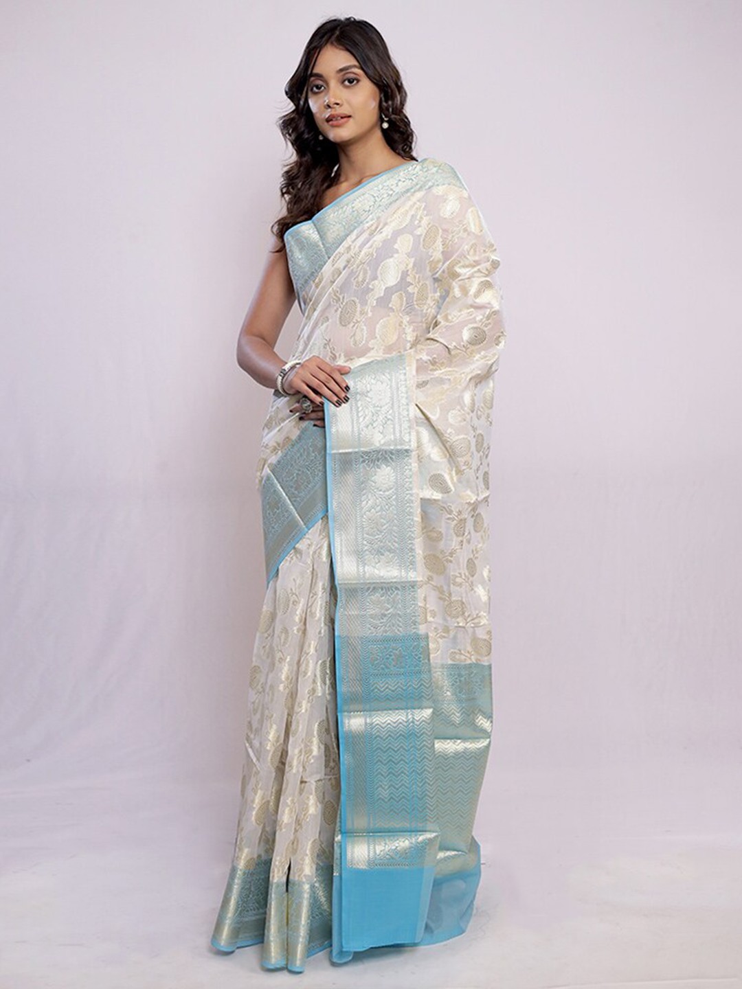 

AllSilks Ethnic Motifs Woven Design Zari Detailed Pure Silk Saree, Cream
