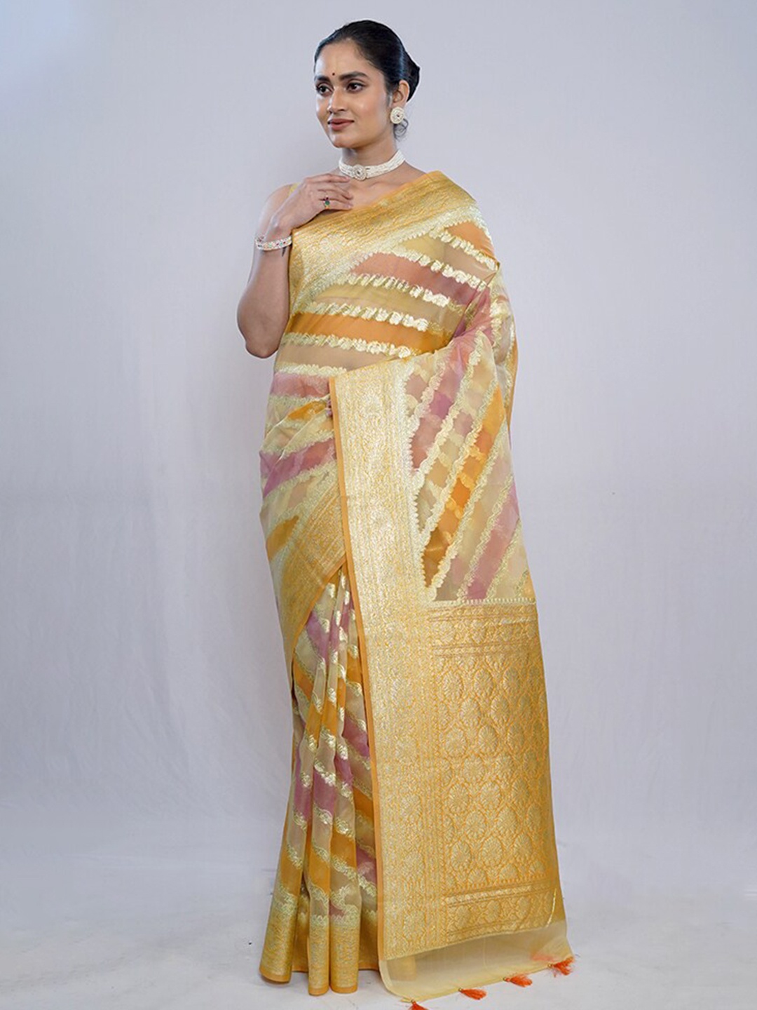 

AllSilks Ethnic Motifs Woven Design Zari Organza Banarasi Saree, Orange