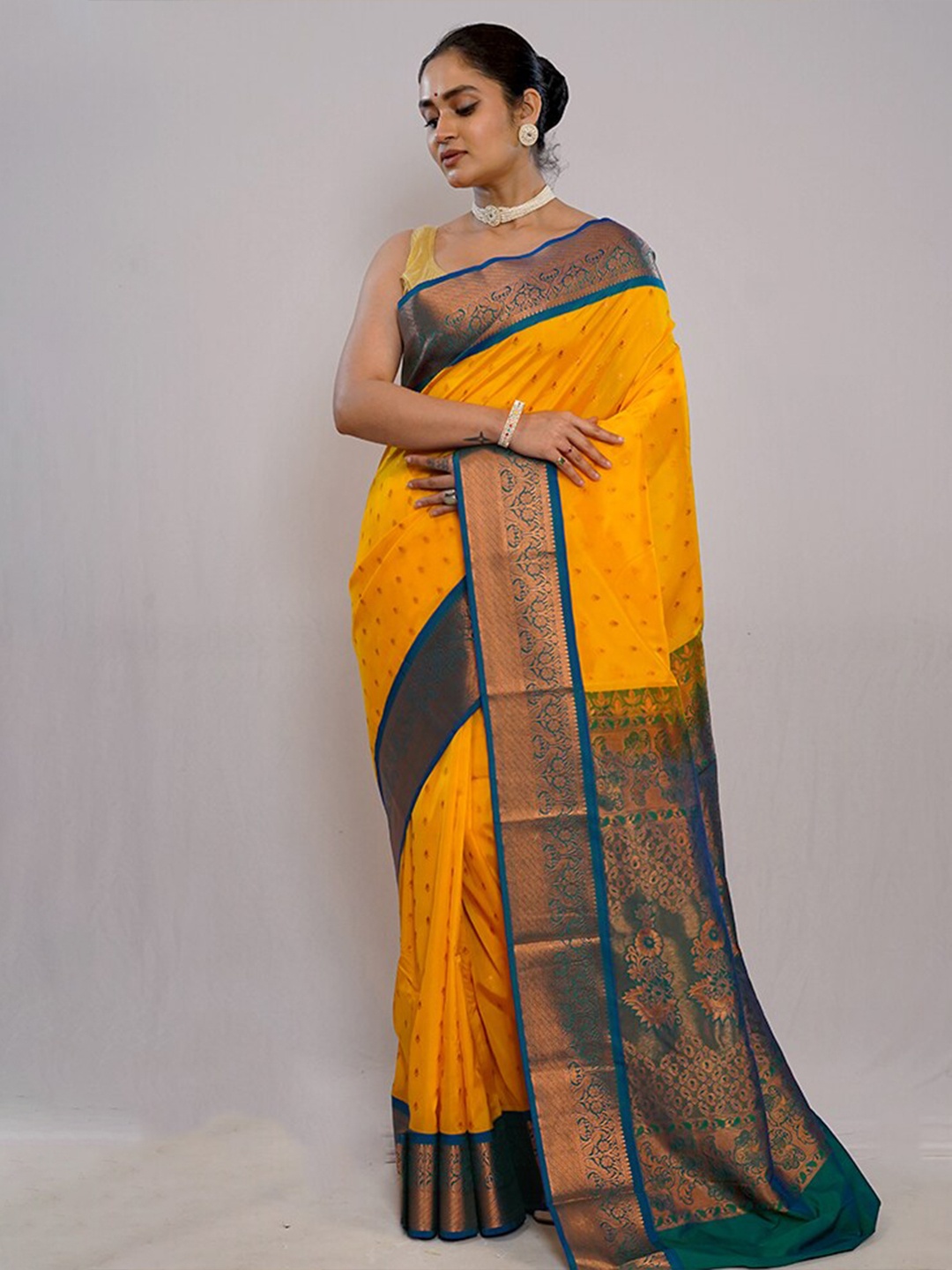 

AllSilks Ethnic Motifs Woven Design Zari Pure Silk Banarasi Saree, Yellow