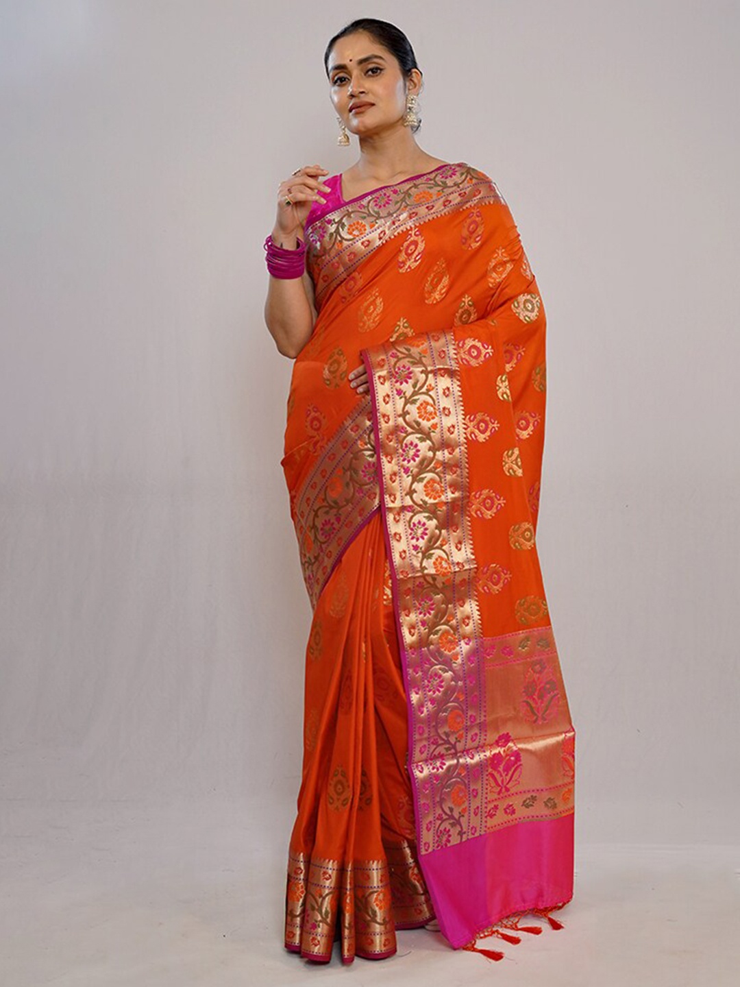 

AllSilks Ethnic Motifs Woven Design Zari Pure Silk Banarasi Saree, Orange