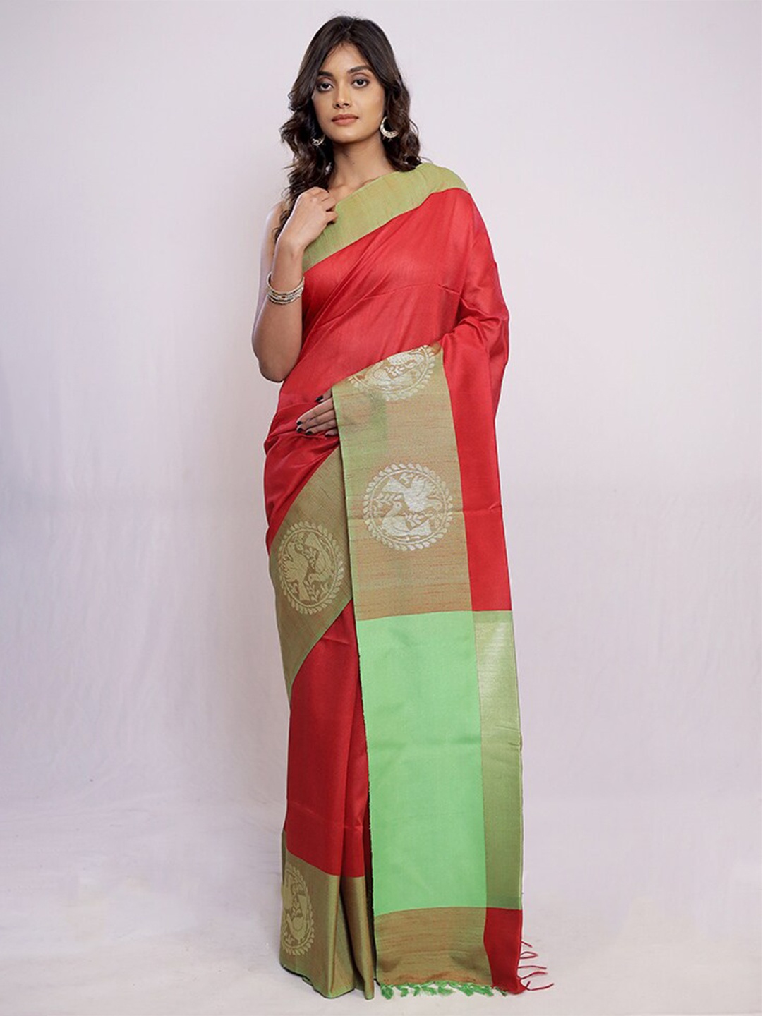 

AllSilks Woven Design Pure Silk Murshidabad silk Saree, Red