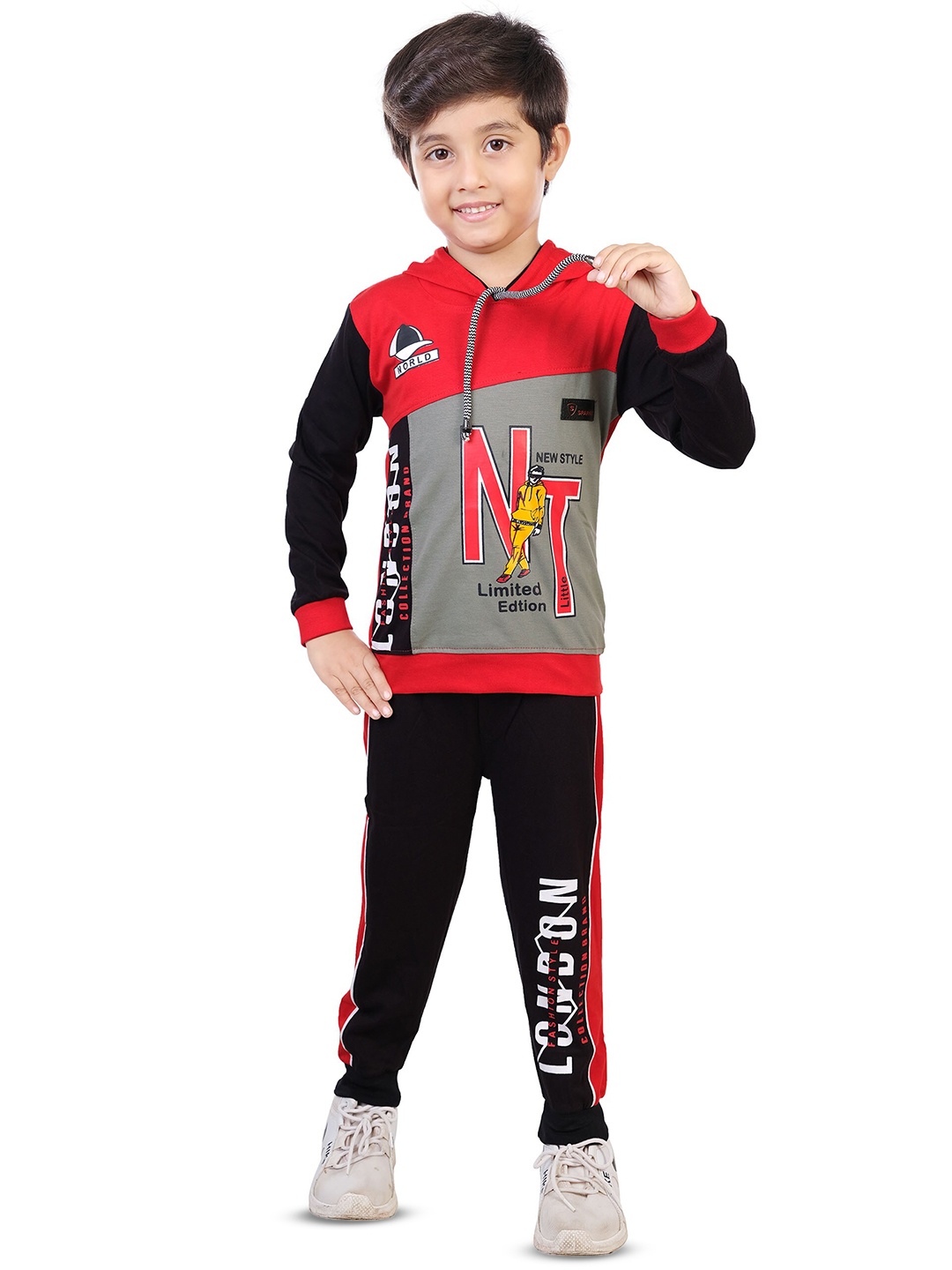 

BAESD Boys Colourblocked Hooded Pure Cotton T-shirt with Pyjamas, Red