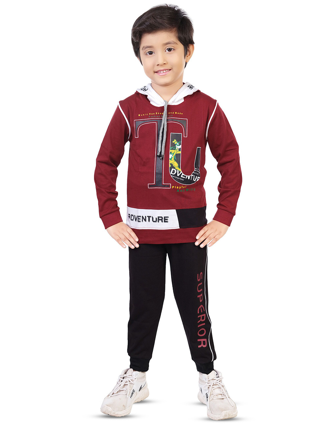 

BAESD Boys Printed Hooded Pure Cotton T-shirt With Joggers, Maroon